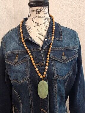 Boho Natural Picture Jasper Beaded Necklace Long Green Quartz Aventurine Pendant